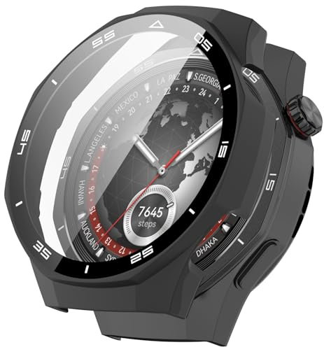 AWADUO Compatible with Huawei Watch GT5 Pro 46mm Smartwatch Full Coverage PC Protective Case Cover with Tempered Glass Touchable Screen Protector Smartwatch Accessories(Black)