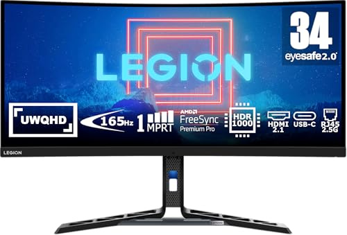 Lenovo Legion Y34wz-30 Monitor Gaming Curvo 34 WQHD (3440x1440), VA, 1ms, 165Hz (Overclock 180Hz), Altoparlanti, Regolabile, AMD FreeSync Premium Pro, HDMI 2.1 + DP + USB-C