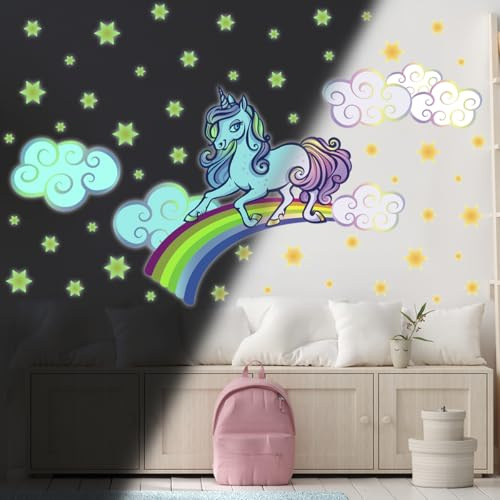 Ambiance Sticker Phosphorescent Lumineux Autocollant Mural Plafond Enfant Fluorescent Licorne sur Arc-en-Ciel - H40 x L55 cm
