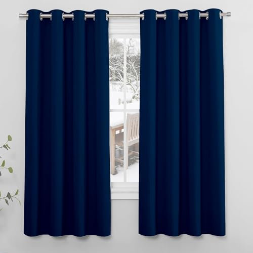 NINGBAI Verdunklungsvorhänge Schlaufen 270 x 250 cm Einfarbige/Winter Extra Warm/Modern Gardinen Lärmschutzvorhang für Wohnzimmer, Dunkelblau