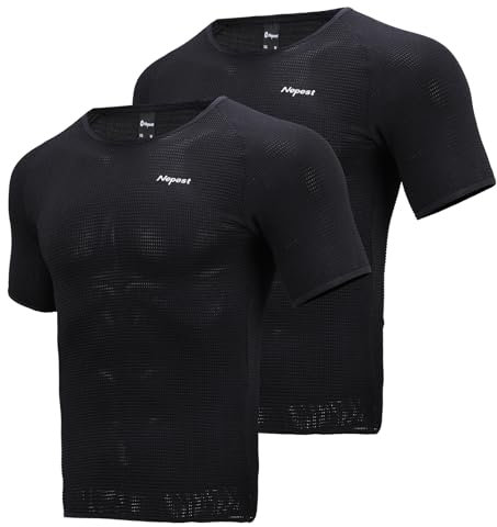 Nepest Men's Cycling Undershirt Short Sleeves, 2 Pack Biking Athletic Compression Base Layer,Mesh Cool Dry Sport Top Black,M