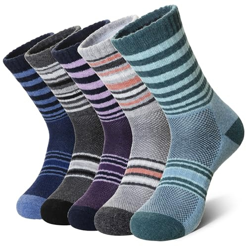 SEEYAN Womens Merino Wool Socks Hiking Walking Winter Thermal Boot Warm Cushion Work Thick Crew Socks 5 Pairs (5 Pairs Stripe A, 3-7)