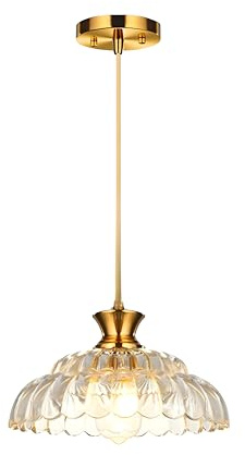 NICRX Suspension Vintage en Verre,Lampe de Plafond Suspendue Hauteur Réglable,Ambre Abat-Jour en Pétale,Finition Dorée Brossée,Douille E27 Plafonnier Pour Salle à Manger,Cuisine,Salon,Porche (30cm)