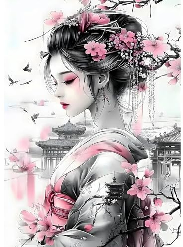 MXJSUA Schöne Geisha Diamond Painting Erwachsene, 5D Diamant Painting Bilder Anfänger, DIY Runder Vollbohrer Diamanten Malerei Stickerei Kreuzstich Geschenke Home Wand Dekor 30x40cm