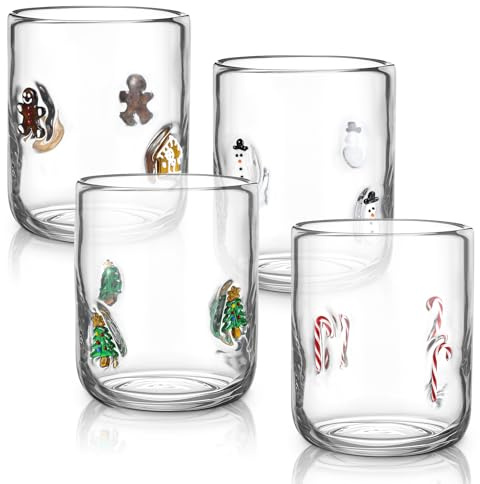 Tessco for you 4 Pcs Christmas Icon Juice Glasses Cup Set - Gingerbread Man, Candy Cane, Snowman & Christmas Tree Stemless Drinking Wine, Water, Coffee Glass Cup for Holiday Party Gift