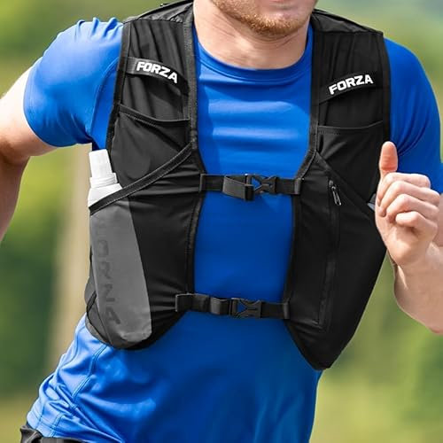 FORZA Gilet de Course [3 Tailles] | Gilet Ajustable Unisexe Léger | Poches pour Flasques et Bandes Réfléchissantes | Jogging, Marche, Course et Cyclisme (2X Flasques Souples de 250 ML, Taille S)