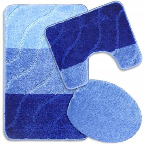 Decorator HOME Badteppich Set 3-TLG. Blau – rutschfest & Weich, Badematte für Badezimmer Teppich 50x80 cm & 50x40 cm - Ideal für Fußbodenheizung