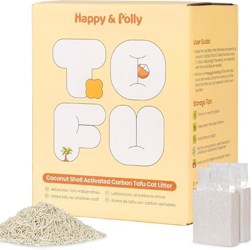 Happy & Polly Arena de Tofu para Gatos, aglutinante rápido, desechable, Ultra Absorbente, bajo Seguimiento, materias primas 100% Naturales con carbón de Coco, 11 Libras (2 Bolsas de 5.5 kg)