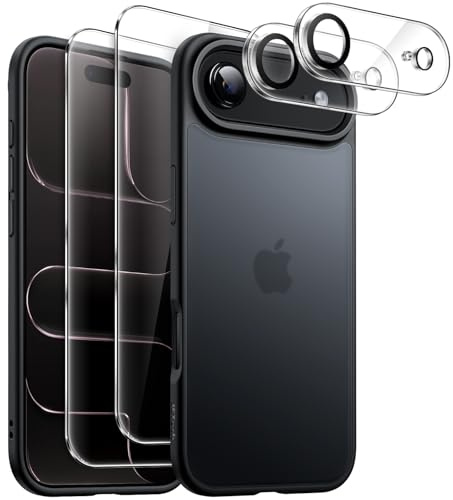 JETech 5 in 1 Matte Case for iPhone Air, Black | 2 Tempered Glass Screen Protectors, 2 Camera Lens Protectors, Translucent Back Protective Phone Cover