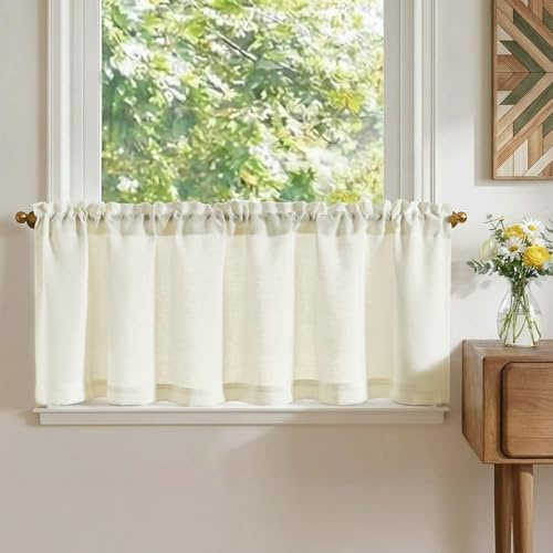 TOPICK Scheibengardinen Bistrogardine Küchengardinen 1 Stück H40xB150 Weiß | Blickdicht Scheibengardinen modern Wohnzimmer Leinenoptik Gardine für Küchenfenster kurz Vorhänge Landhausstil Küchenvorhänge