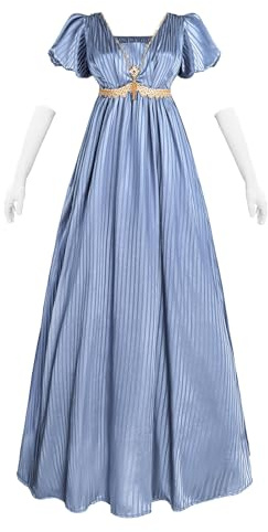 Fiamll Robe Regency Femme Jane Austen Taille Empire Robe Renaissance Femme avec Écharpe Fête du Thé Cocktail Robe de Soirée, bleu, L