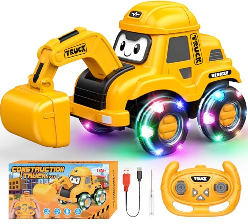 HappyGoLucky Voiture Telecommandé Enfant Jouet Garcon 3-8 Ans, Tractopelle & Pelleteuse Télécommandée avec Lumière et Son, 2.4GHz Camion Telecommande, Voiture Bebe Cadeaux de Noël Enfants