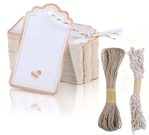 Ouligay 100 Stück Geschenkanhänger Kraftpapier 9 x 5cm Geschenk Anhänger Kraftpapier Etiketten Weihnachten Blanko Geschenkanhänger Weiß mit Schnur Für Geschenkverpackung Hochzeit Weihnachten