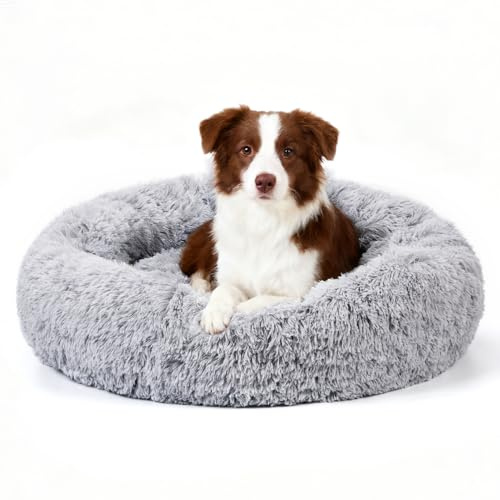 Beruhigendes Donut-Hundebett, 80cm gemütliches weiches flauschiges rundes Katzenbett, plüschiger Donut-Kissen mit Angstreduktion und Wärmewirkung, waschbarer Kuschelbett für Hunde und Katzen – Grau