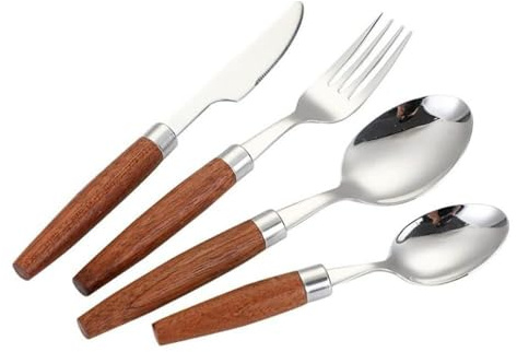 Set di Posate con Manico in Legno Unico, Posate da Cucina in Acciaio Inossidabile, Posate da tavola, Coltello da Bistecca, forchetta, Cucchiaio e cucchiaino (Argento, 4 Pezzi)