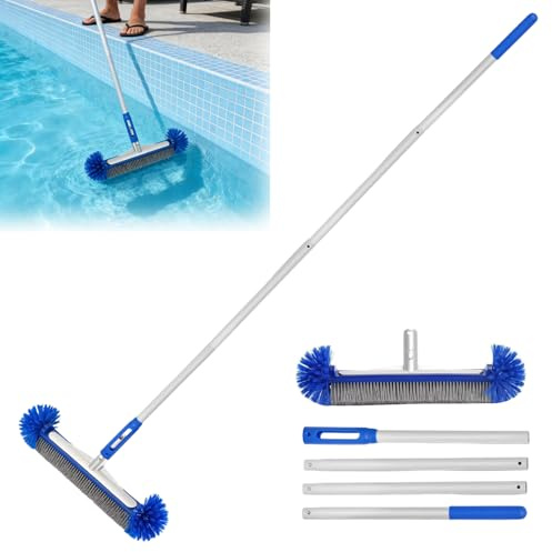 Runde Poolbürste, Poolbürste mit Teleskopstange Pool Reinigungs Bürste mit Halbkugelförmigen Borsten, Längenverstellbarer Aluminiumstange, Pool Schrubber für Poolwänden, Stufen