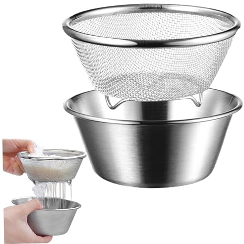 Mini durkslag, rostfritt stål durkslag sil med skålset 5,5 x 2,5 litet fint nät metall sil mini skål set för tvätt och tömning av ris, frukt, grönsaker, prydnader de Jardin