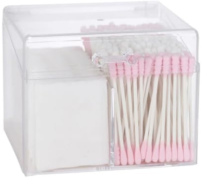 SAXOJONON Scatola porta bastoncini di cotone, organizer per trucchi in acrilico con coperchio, scomparti multipli, impermeabile, salvaspazio per scrivania, bagno, cassetto