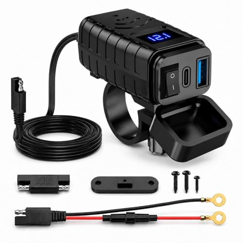 Motorrad USB Steckdose Wasserdicht mit PD 36W und QC 3.0 USB A 18W | Wasserdichte Ladebuchse 12V 24V mit Ein Aus Schalter und LED Voltmeter, für Motorrad Roller ATV Boot Wohnmobil GPS Handy