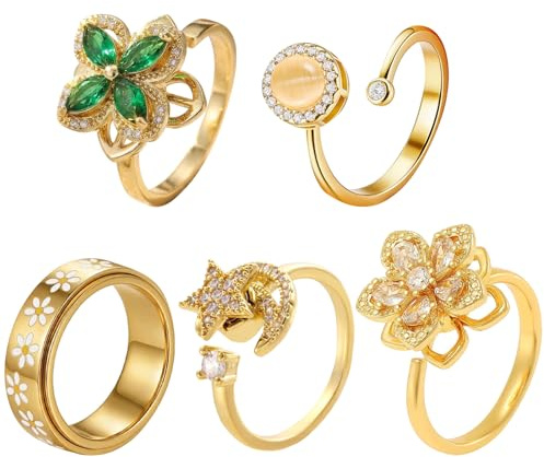 ZXTGBQ 5PCS Anxiety Ring Spinner Angst Ringe für Damen Verstellbar Stapelbare Anti Stress Band Ring Gold, Verstellbare Gold Zirkon Blumen Skills Ringe, Anti-Angst Spinner Ringe Gänseblümchen Schmuck
