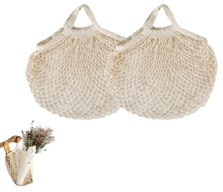 2 PCS Grocery String Bag,Net Bag,Cotton Mesh Bag,Reusable Mesh Produce bags,Shopping Bag,Washable Drawstring Net and Mesh Bags for Fruit,Vegetable and Grocery Storage,Eco-Friendly Tote and Handbag
