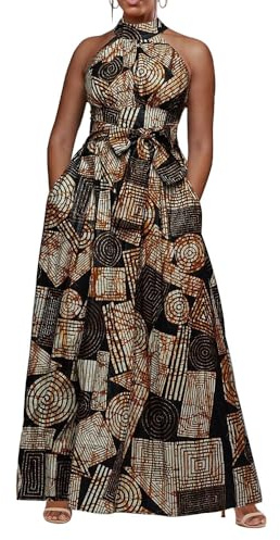 VERWIN ärmelloses Maxikleid, bodenlänge, hoher Taille mit Schleife, Stehkragen, mit Druckmotiv