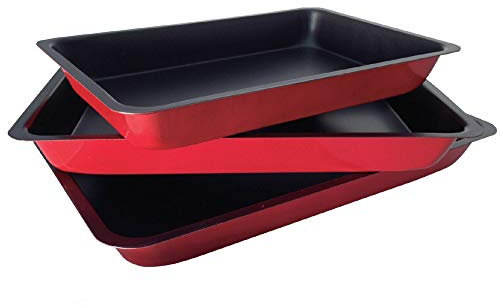 non-stick Home FlairCooking Black Baking Trays for Oven, Non Stick Set of 3 Made of Norbon Steel 100% PFOA Free, Grey & Red Small, Medium & Large Set Of 3 Tins