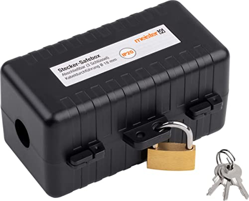 Meister 7436120 Safebox 7436120-Cassetta di Sicurezza 120 x 60 x 60 mm, IP20 per Interni, per Cavi Fino a 18 mm di Spessore, con Lucchetto e Chiavi, Europea e Schuko, Spina, Nero