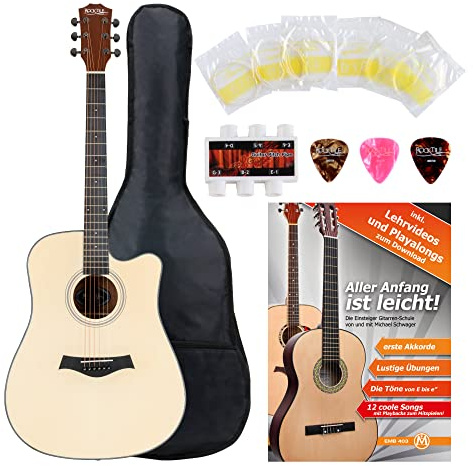 Rocktile WSD-101C NT Westerngitarre Starter Set - Korpusform: Dreadnought mit Cutaway - Decke: Fichte - Boden & Zarge: Sapele - Hals: Okoume - inkl. Tasche, Notenheft, Saiten & Plektren - Natur