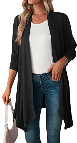 Famulily Womens Plus Size Waterfall Front Open Cardigan Ladies Long Sleeve Hanky Hem Jersey Tops UK Black XXL