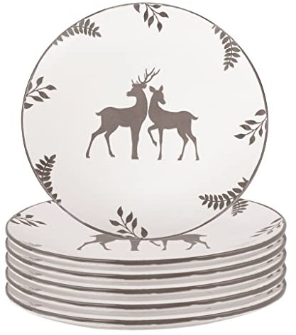 Dinner Plate Set of 6 Large Dinner Plates - Hand Painted Grey & White Country Stag Stoneware Crockery Dishwasher & Microwave Safe Dinnerware Set