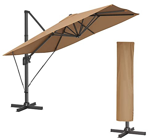 SONGMICS Sombrilla de Jardín de 290 x 290 c, Parasol Excéntrico, UPF 50+, Giratorio 360°, Inclinación Ajustable, con Base en Cruz, Correa de Sujeción y Funda, Caqui GPU039K01