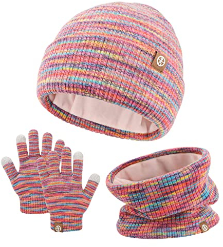QKURT Kinder Mütze Schal Handschuh Set, Kinder Winter Thermokappe Halswärmer Touchscreen Handschuhe weiche warme Mütze Schal Fäustlinge bunt für 5-10 Jahre alt