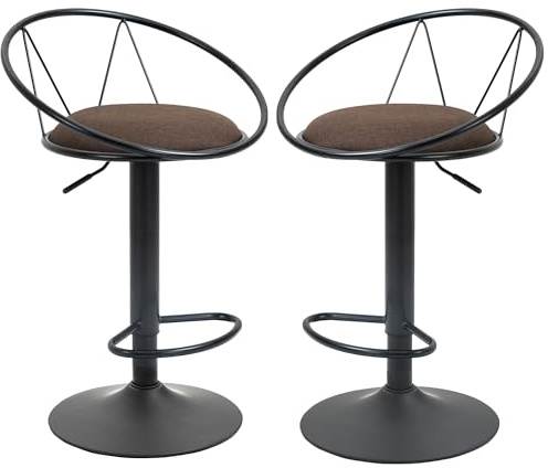 HOMCOM Lot de 2 tabourets de Bar Design néo-rétro réglable pivotant avec Repose-Pied métal Noir Lin Marron