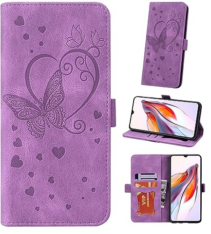 auslbin Redmi 12C fodral (2023) 6,71 tum, fjäril, mobilfodral i PU-läder med armband för Xiaomi Redmi 12C (2023) 6,71 tum, lila