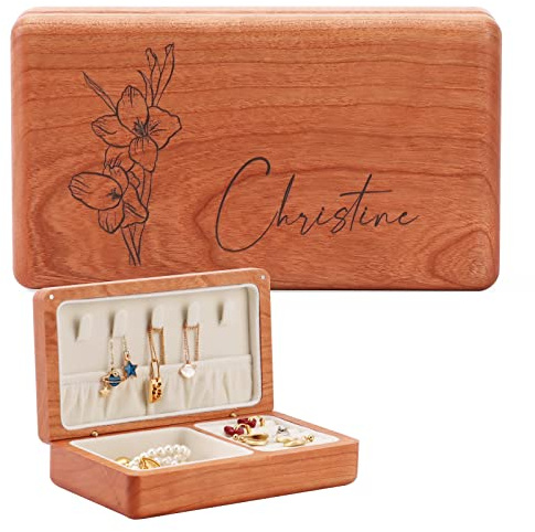 iDIY Personalised Women's Jewellery Box, Wooden Jewellery Box with Name and Birth Month Flower, Jewellery Organiser for Rings, Necklaces, Earrings, Gift for Women, Gift for Friend, Wood-flower+name