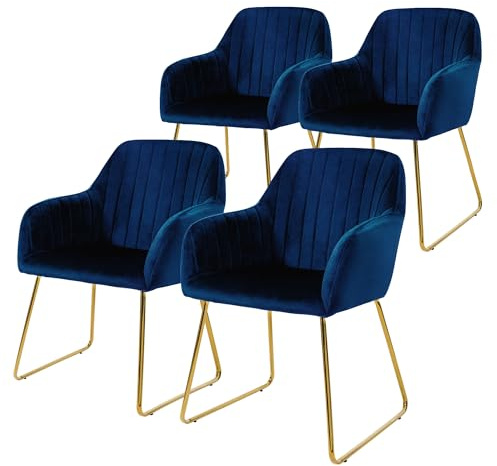 ML-Design matsalsstolar set om 4, sammetssits, blå, vardagsrumsstol med ryggstöd och armstöd, köksstol med guldben, stoppad stol med metallram, ergonomisk fåtölj för matbord
