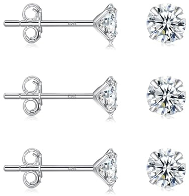 3 Pairs 925 Sterling Silver Earrings for Women, 4mm Hypoallergenic Cubic Zirconia Stud Earring Set, Comfortable Cartilage Sleeper Earrings Gift for Women