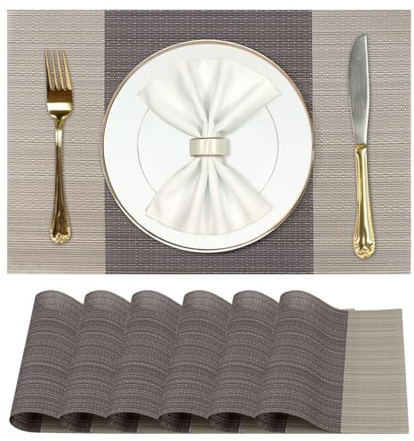 RISVOWO Set de Table Lavable, Lot de 6 PVC Dessous de Table Résistant, Antidérapant Set de Table Plastique pour La Table de Cuisine(45cmx30cm, Marron)
