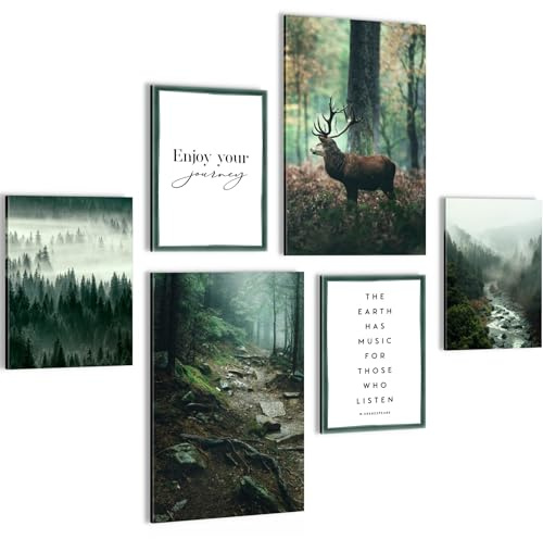Novart Wandbilder Set Wald Hirsch Natur Grün - KEIN EXTRA RAHMEN BENÖTIGT - Modern Deko - Wohnzimmer Schlafzimmer Flur N004667a