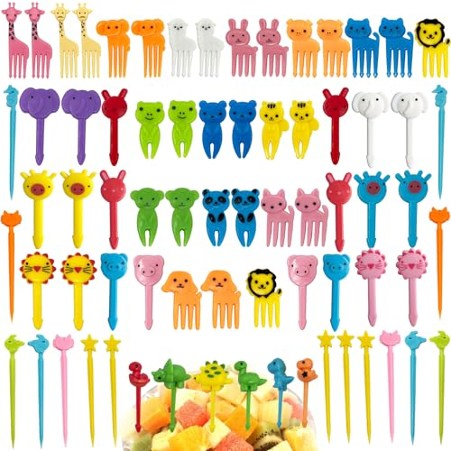 luckaide 70 Stück Piekser Fingerfood Kinder, Obstgabeln Kinder, Food Picks Kinder, Food Picks Mini Cartoon, Wiederverwendbar Tiere Obstgabeln aus Kunststoff, für Desserts Obst Mittagessen Bento Party