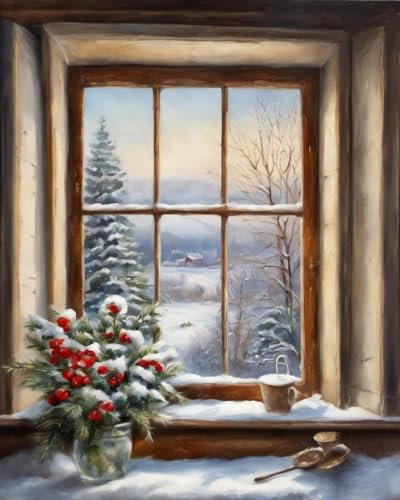 ZMHZMY Digitale Malerei auf Leinwand Winterliche Fensterbank-Schneeszene DIY Handgemalt Ölgemälde Kits auf Leinwand Geschenk für Weihnachten Geburtstag Home Haus Deko,40x50cm