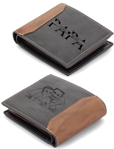lorajewel Personalisierte Leder Geldbörse für Papa Herren Geldbörsen Foto mit Namen Foto Brieftasche Portemonnaie für Papa Weihnachten Geburtstag (Grau-2 Name)
