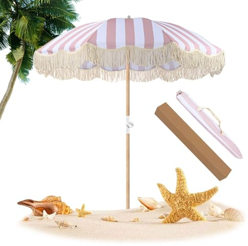 Ombrellone Righe Bianche Rosa 200cm Ombrellone Da Spiaggia Con 8 Robuste Costole E Borsa Per Il Trasporto Ombrellone Da Esterno Con Inclinación Per Gazebo Piscina Giardino Terrazzo Ambienti Esterni