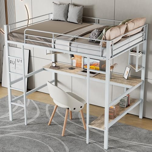Idemon 90x200cm Bettgestell Metallbett, Eisenbett mit Schreibtisch, Hochbett mit Vier kleinen Regalen und einem großen Bücherregal für Kinder, Jugendliche und Erwachsene, Weiß