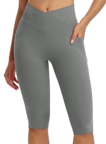 baleaf Leggings Capri hasta la Rodilla para Mujer, con Bolsillos Cintura Alta Yoga Entrenamiento Ejercicio Gris Oscuro M