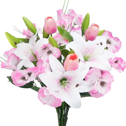 Fairblo Tulipano Finte Fiori di Seta Artificial Bouquet di Fiori Giglio Piante Artificiali Pensiero per Matrimoni, Casa, Feste di Compleanno, Decorazioni da Giardino