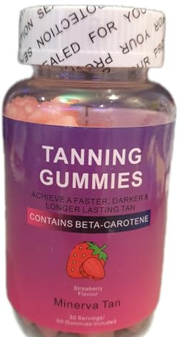 Tanning Gummies | Beta-Carotene | Sunless Tanning | High Strengh | Tan Accelerator | Strawberry Flavour | 60 Gummies | 30 Servings | One Month Supply | Astaxanthin | Vitamin A, C, B3, D3 | Zinc