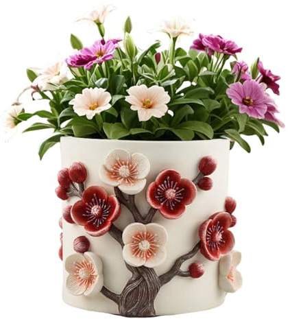 Jarrón hecho a mano – Maceta de flor de ciruelo en relieve – Macetas para interiores y exteriores, maceta creativa de gran calibre para decoración interior y exterior
