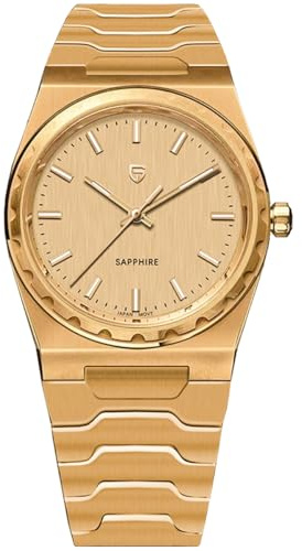 Pagani Design Herrenuhr Saphir Edelstahl Quarzuhr 100M wasserdicht 7MM ultradünne Herren-Kleideruhren (Gold)